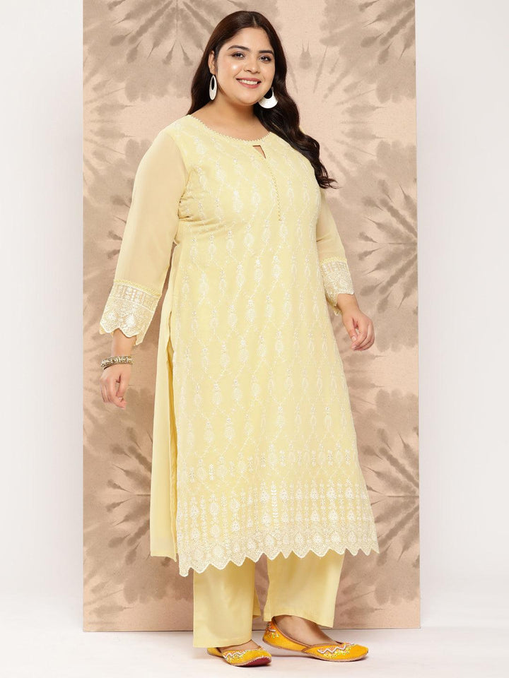 Yellow Embroidered Georgette Straight Kurta With Trousers and Dupatta - Libas