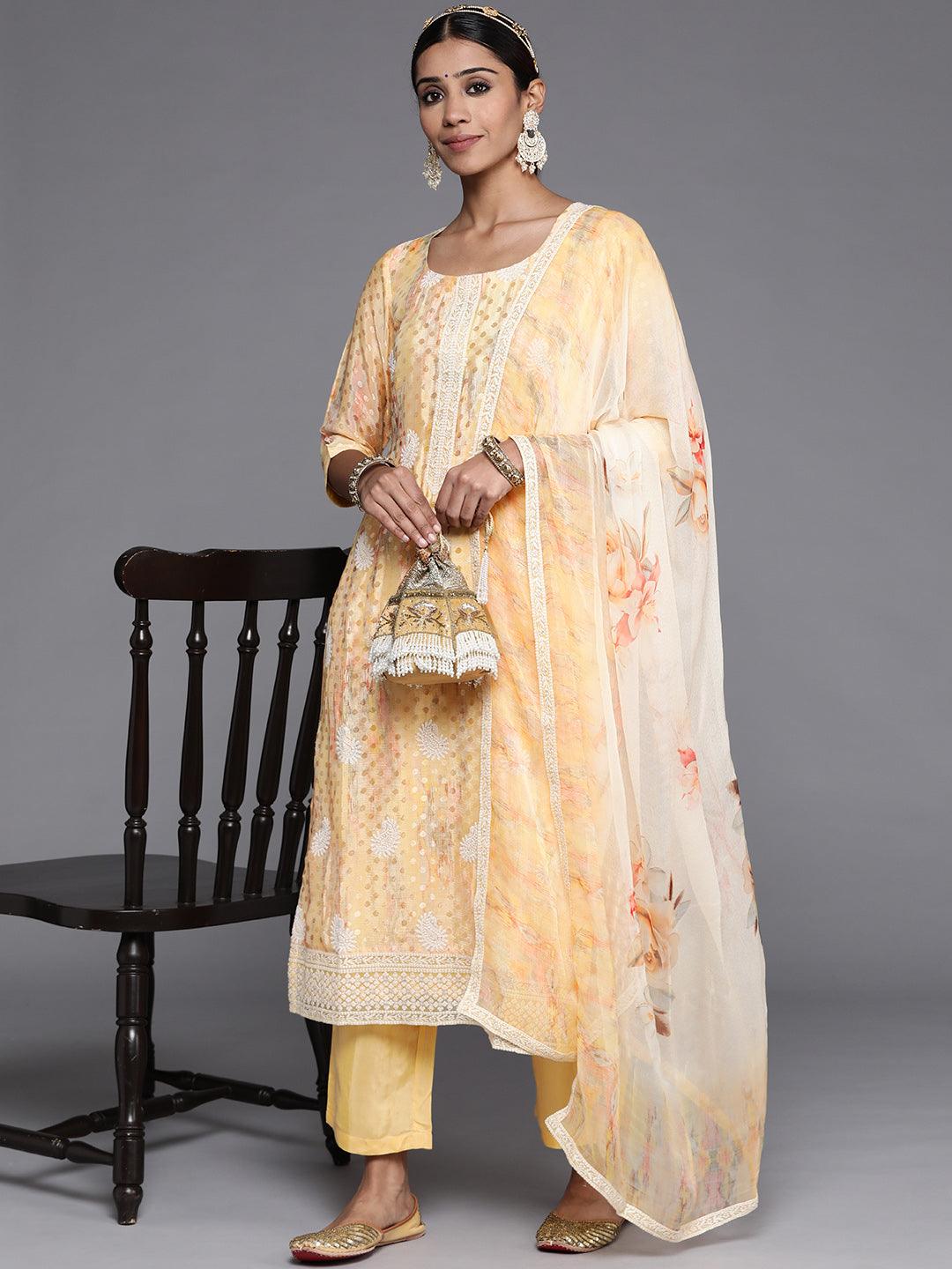 Yellow Embroidered Georgette Straight Kurta With Trousers & Dupatta