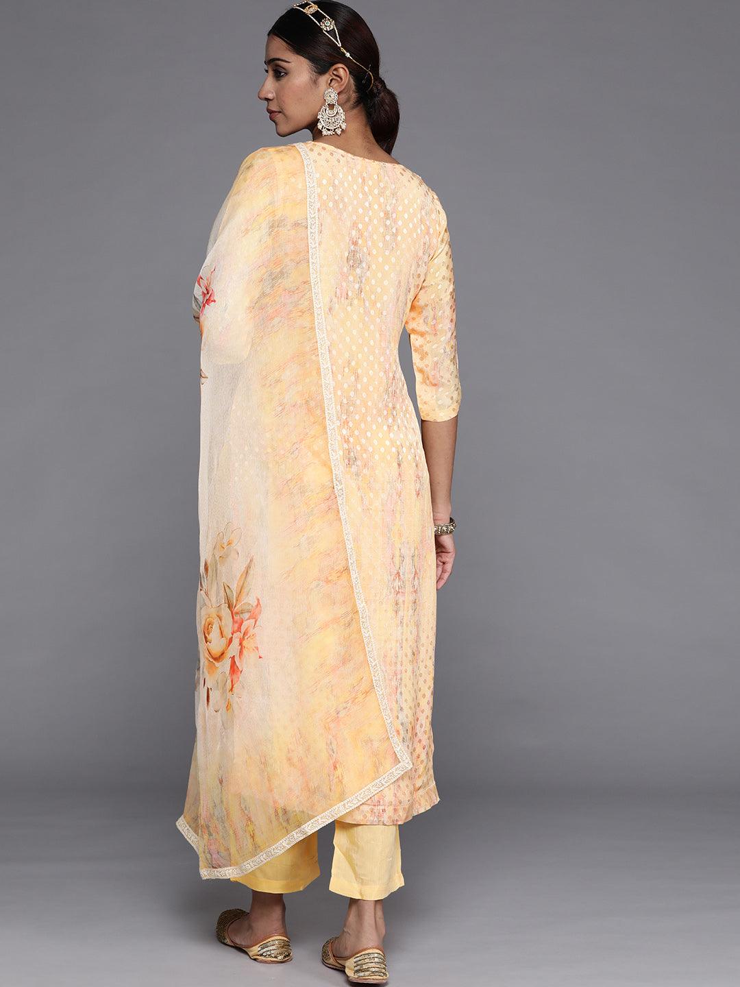 Yellow Embroidered Georgette Straight Kurta With Trousers & Dupatta