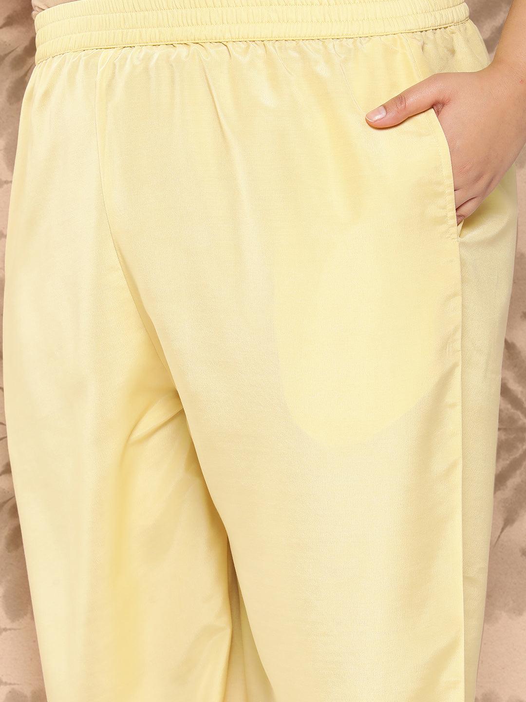 Yellow Embroidered Georgette Straight Kurta With Trousers and Dupatta - Libas