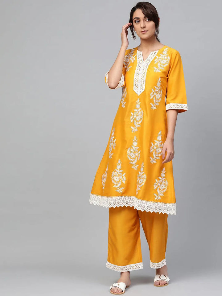 Yellow Embroidered Polyester Kurta Set - Libas