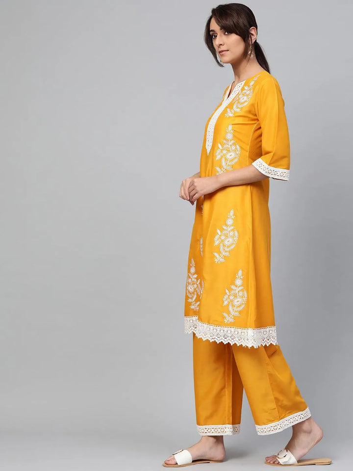 Yellow Embroidered Polyester Kurta Set - Libas