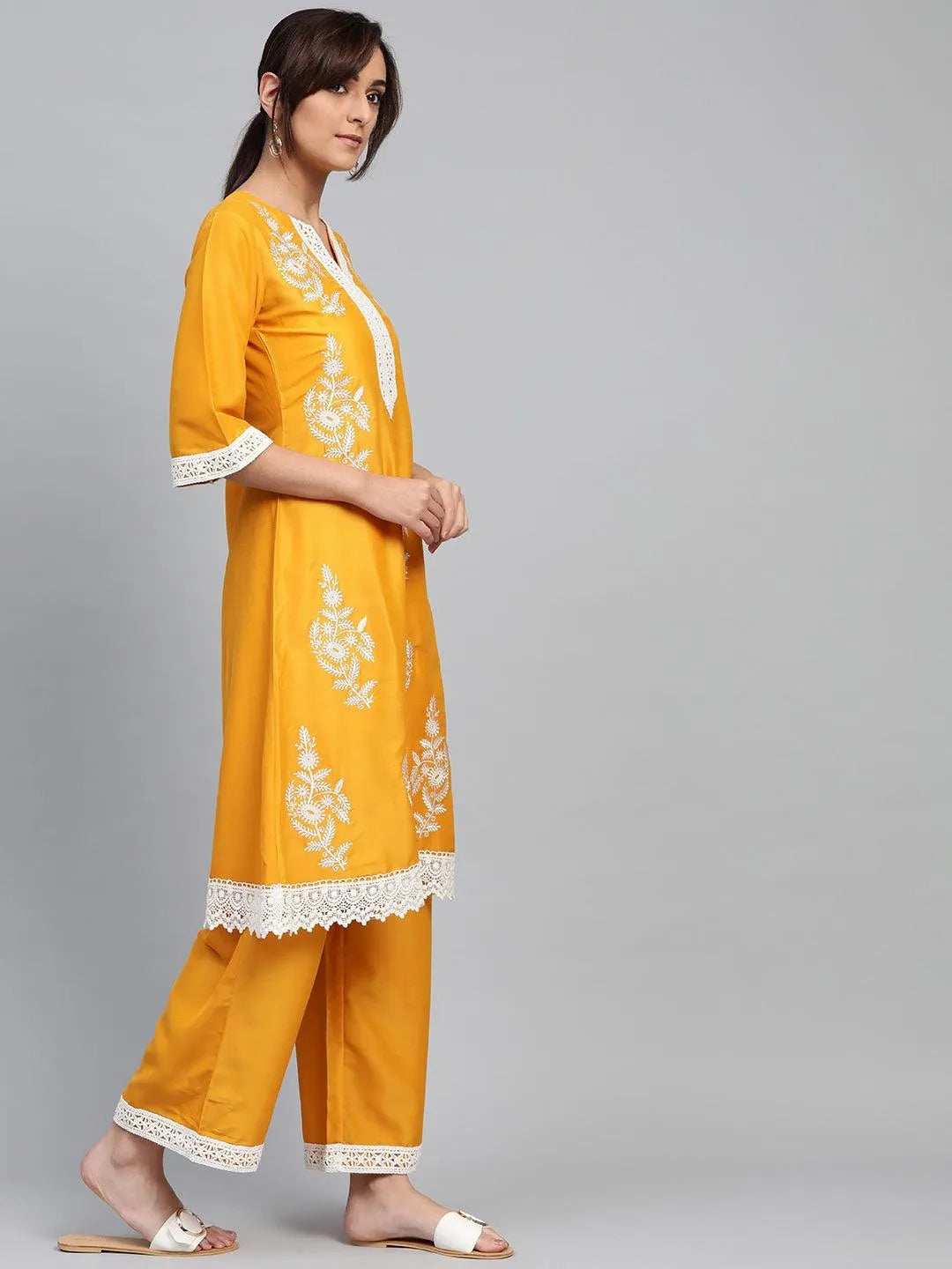 Yellow Embroidered Polyester Kurta Set - Libas