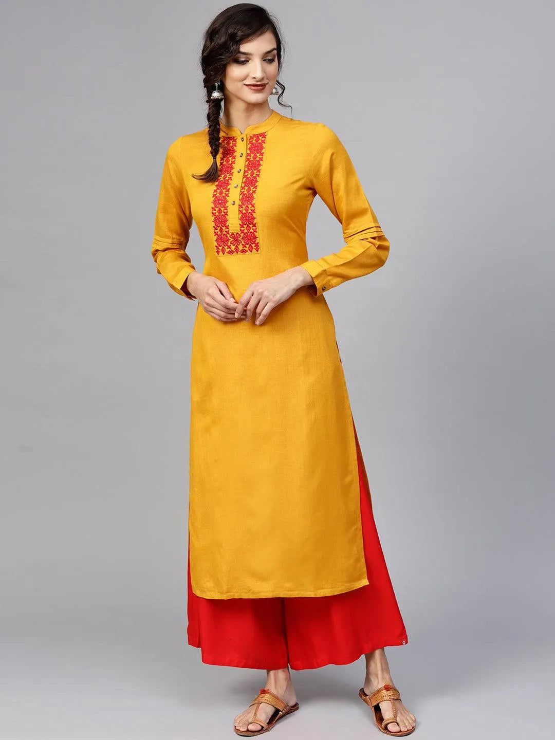 Yellow Embroidered Rayon Kurta - Libas