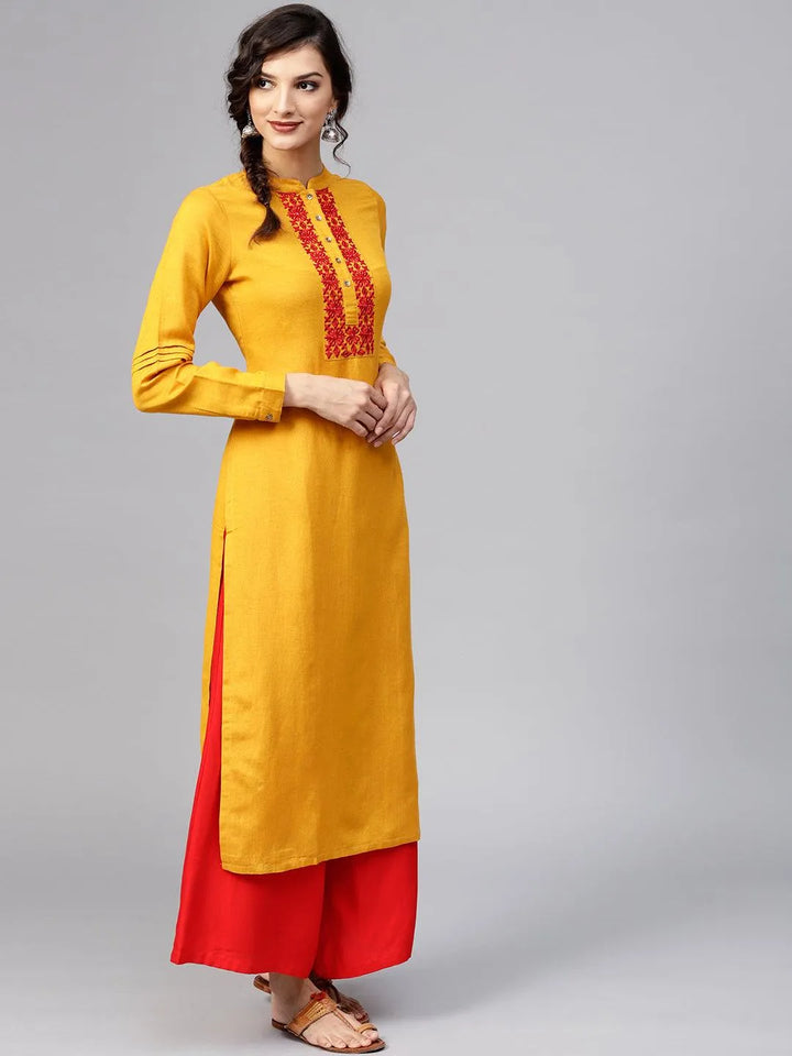 Yellow Embroidered Rayon Kurta - Libas