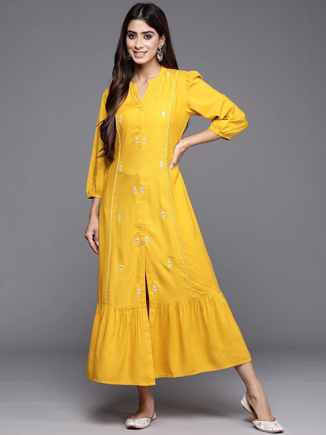 Yellow Embroidered Rayon Maxi Dress