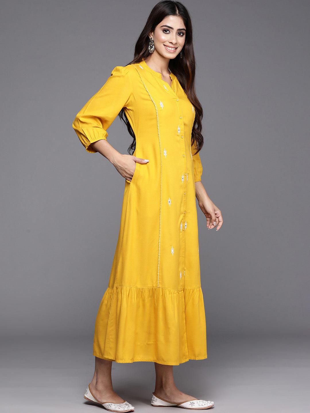 Yellow Embroidered Rayon Maxi Dress