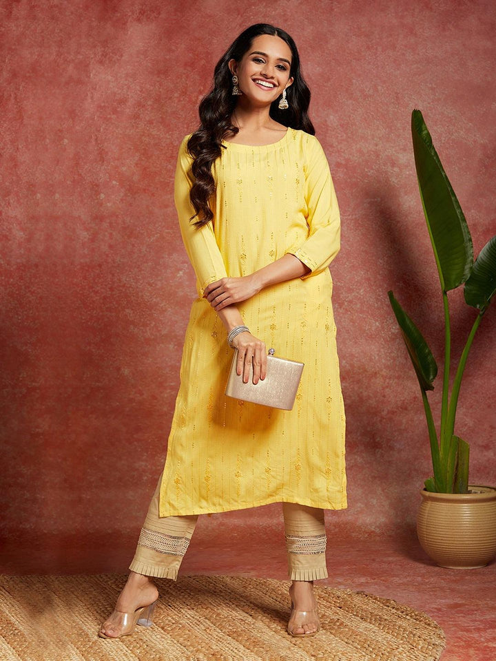 Yellow Embroidered Rayon Straight Kurta - Libas