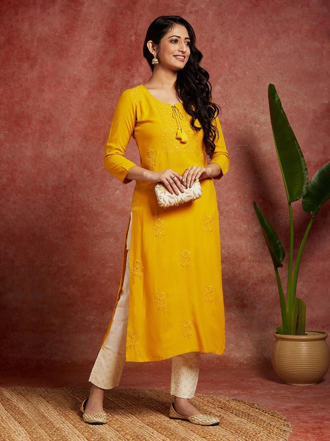 Yellow Embroidered Rayon Straight Kurta - Libas 