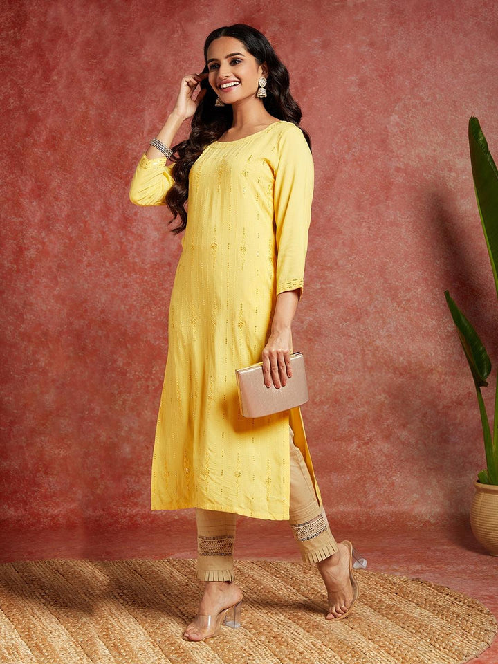 Yellow Embroidered Rayon Straight Kurta - Libas