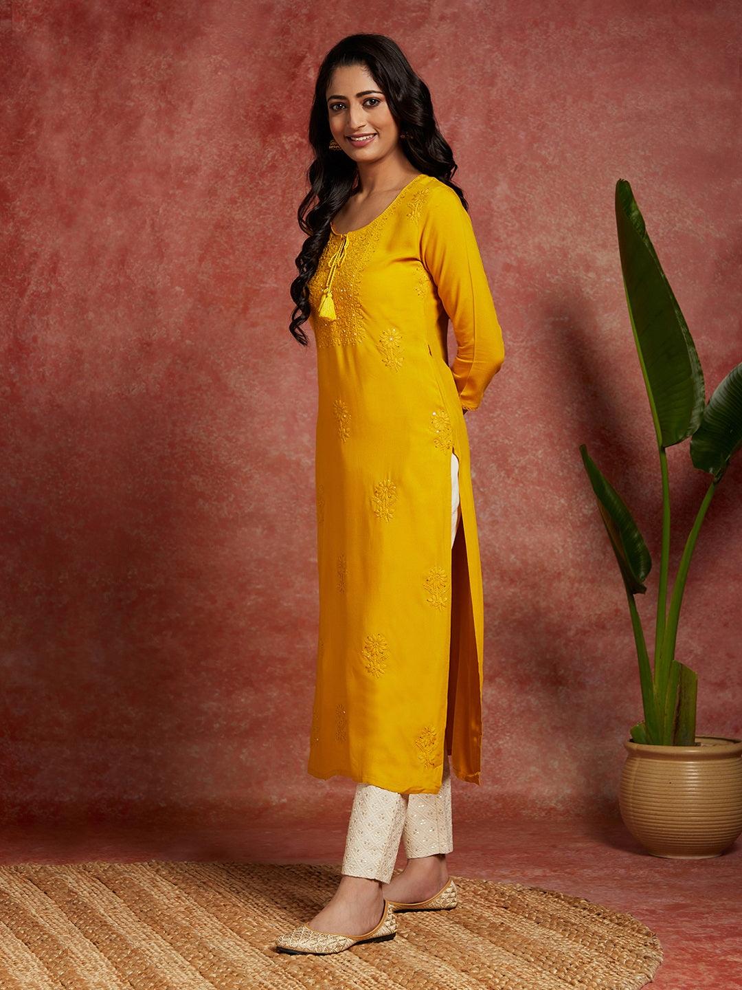 Yellow Embroidered Rayon Straight Kurta - Libas 