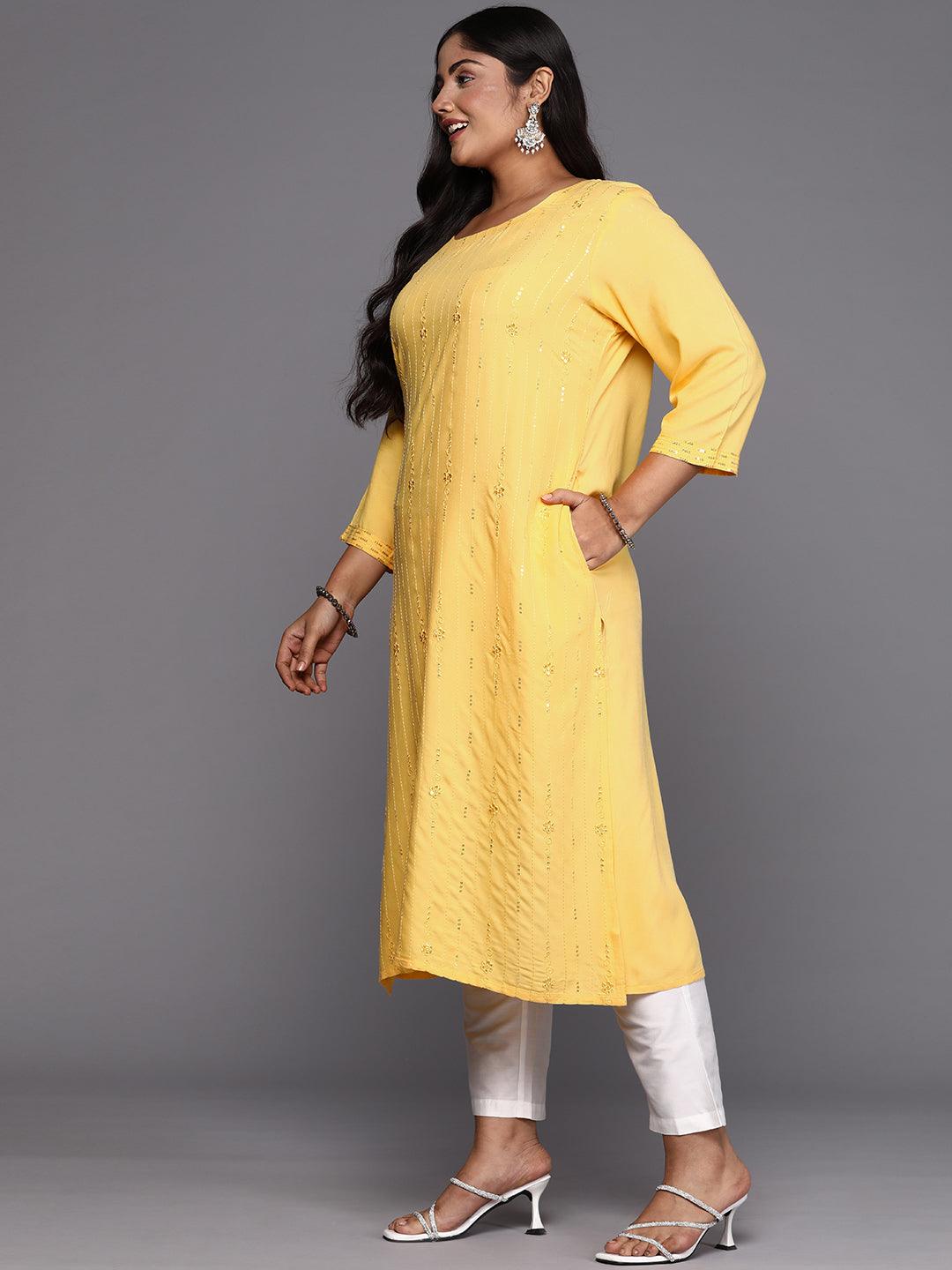 Yellow Embroidered Rayon Straight Kurta - Libas