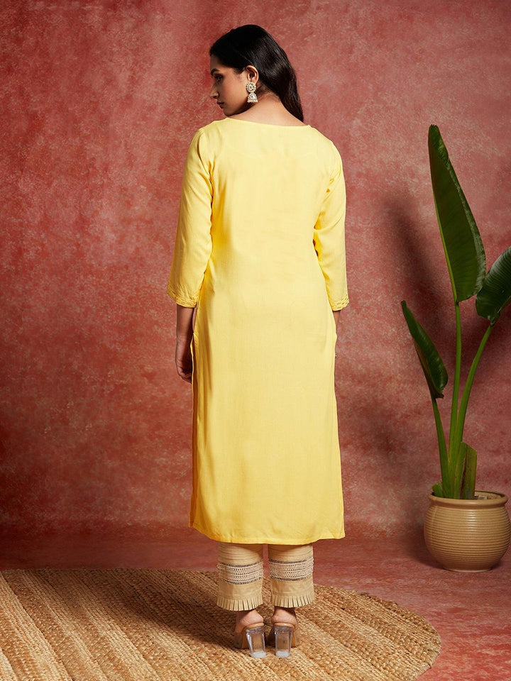 Yellow Embroidered Rayon Straight Kurta - Libas