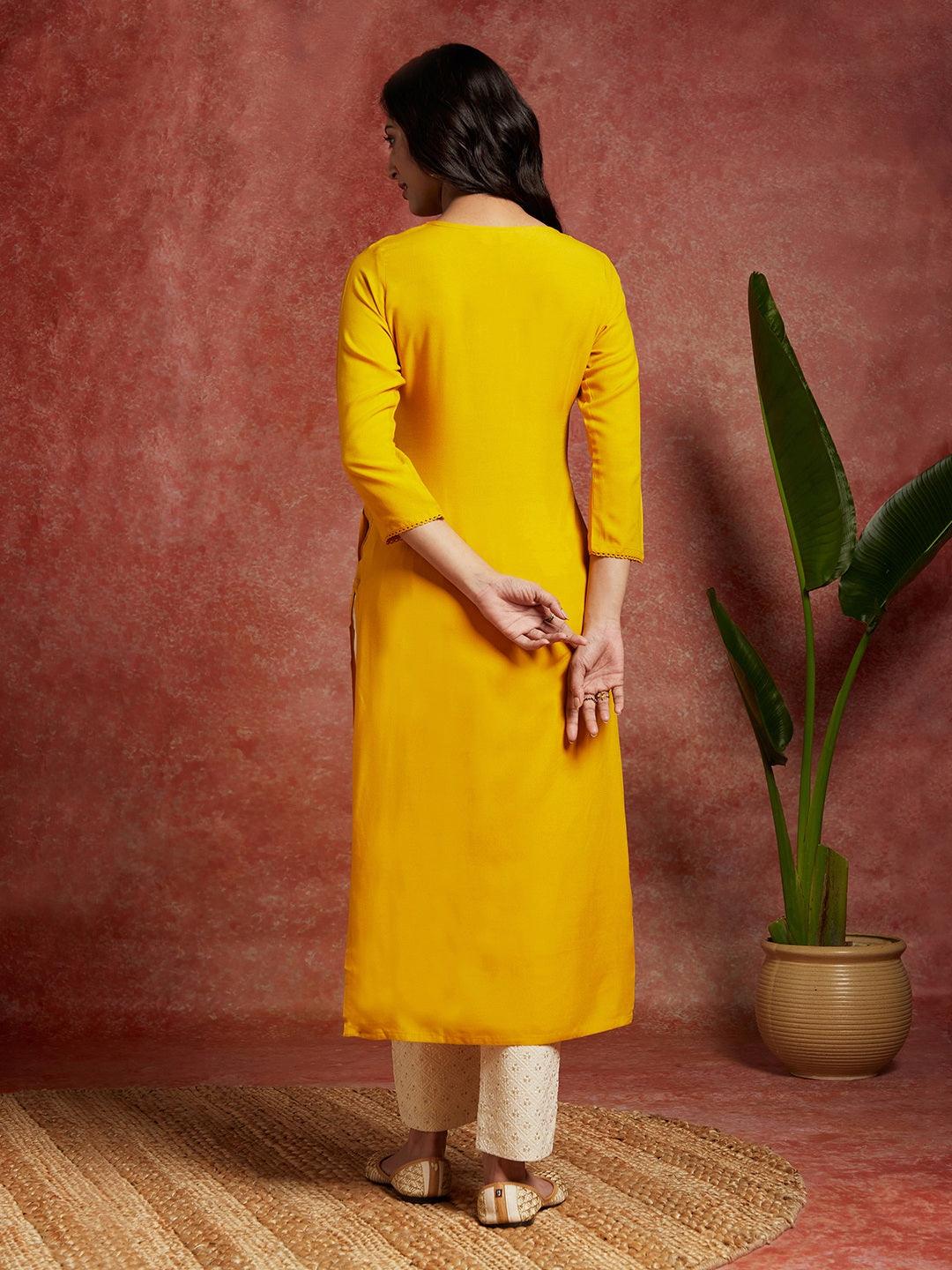 Yellow Embroidered Rayon Straight Kurta - Libas