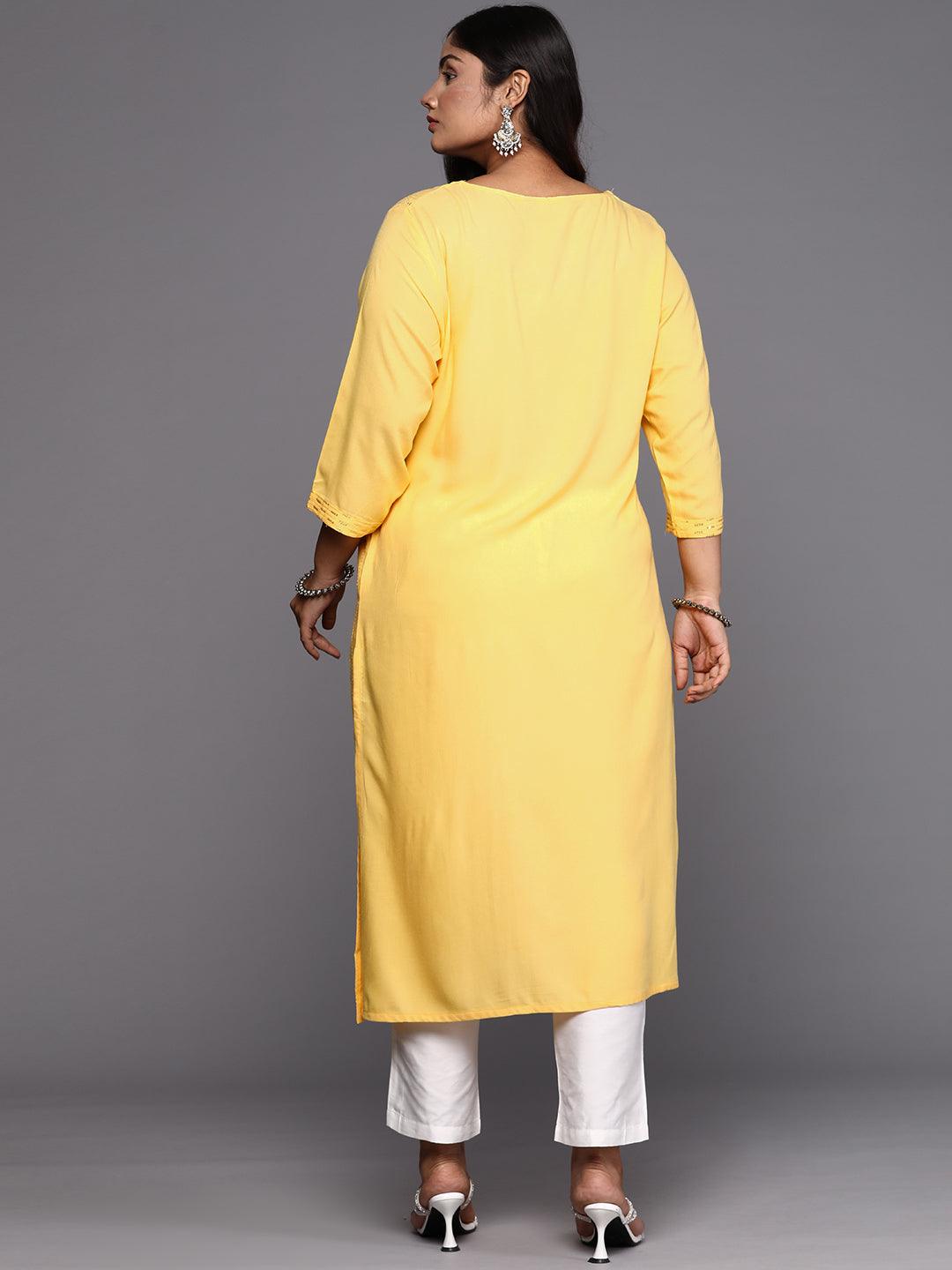 Yellow Embroidered Rayon Straight Kurta - Libas