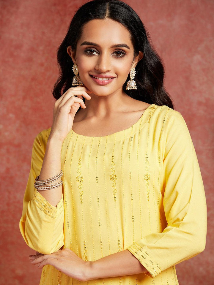 Yellow Embroidered Rayon Straight Kurta - Libas