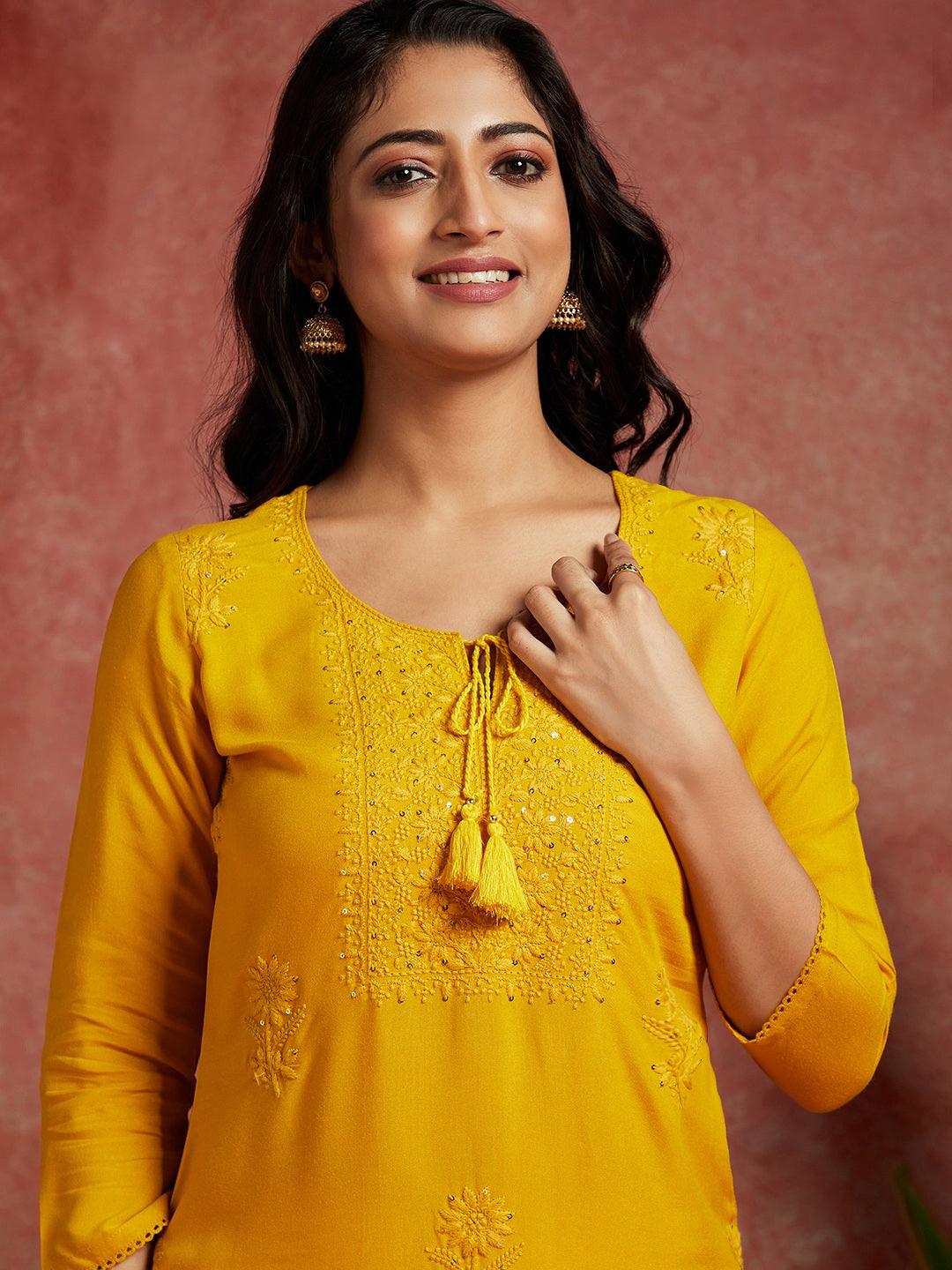 Yellow Embroidered Rayon Straight Kurta - Libas