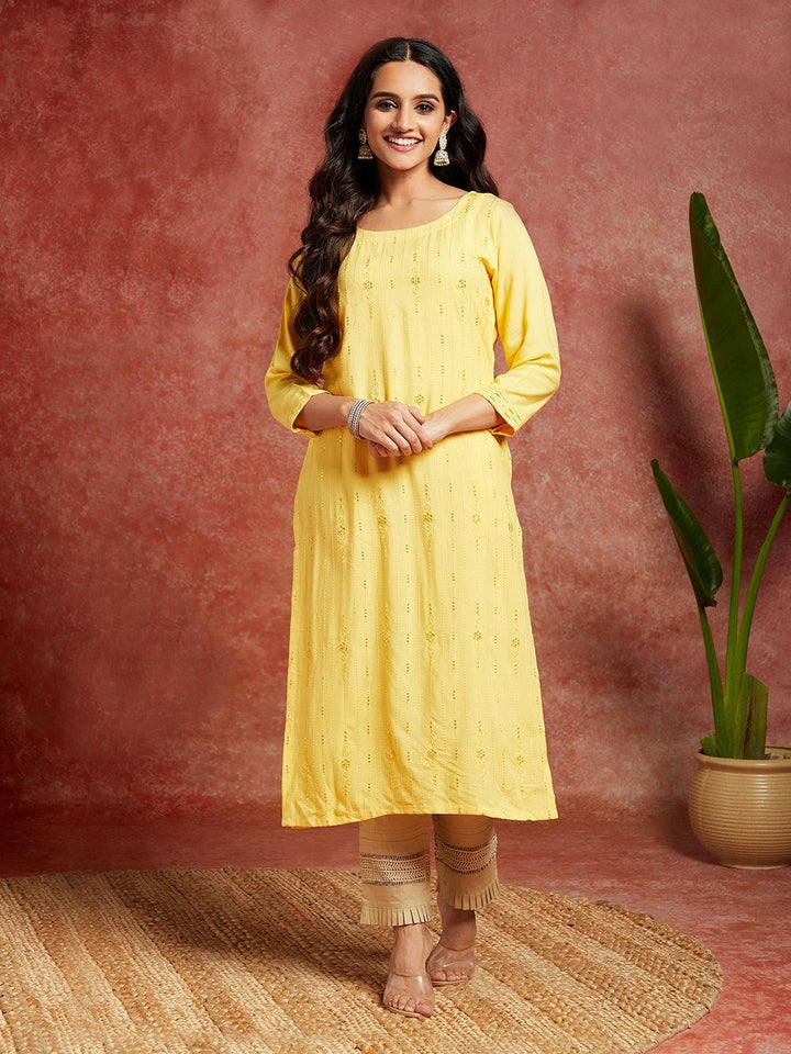 Yellow Embroidered Rayon Straight Kurta - Libas