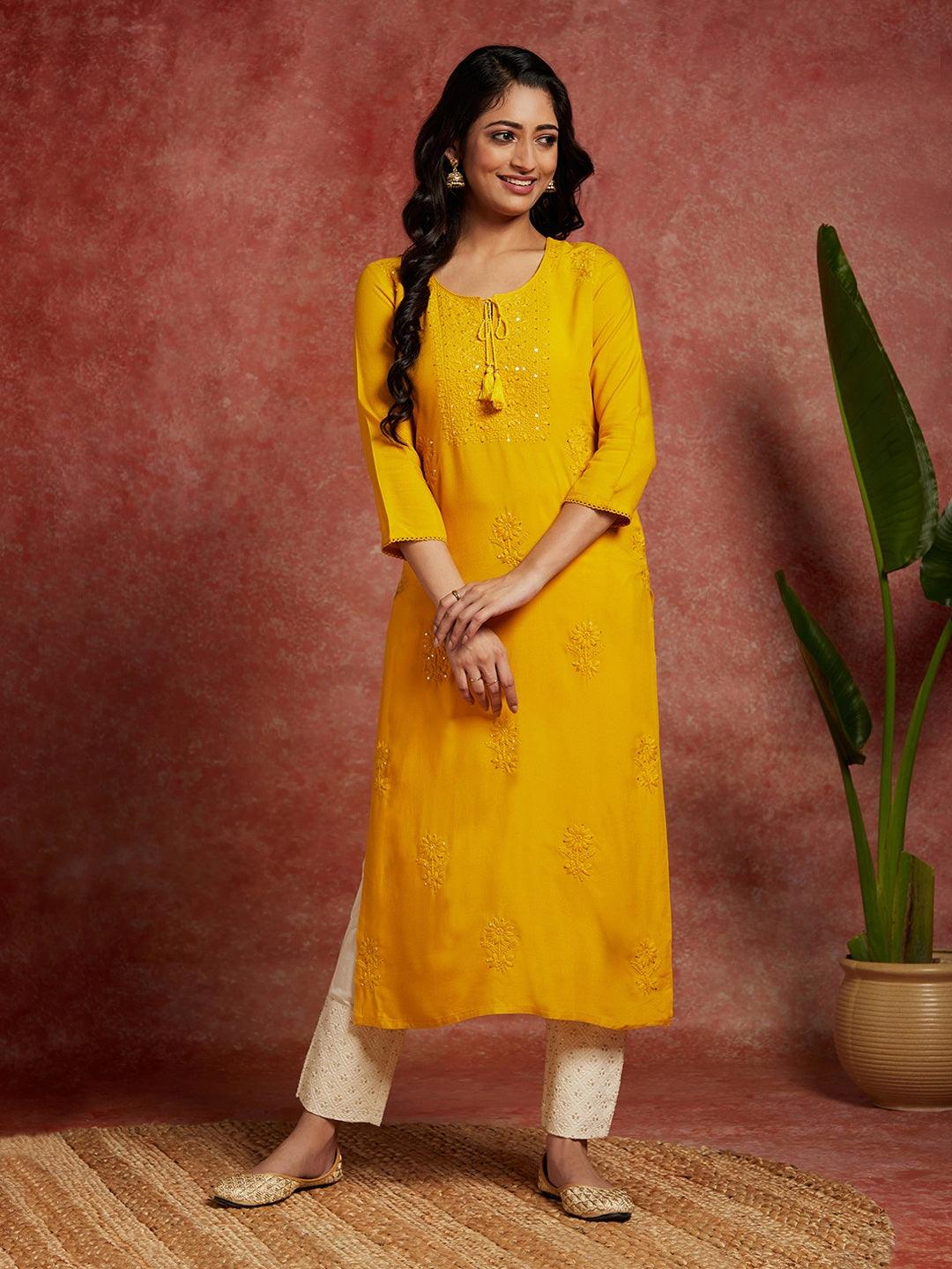 Yellow Embroidered Rayon Straight Kurta - Libas 