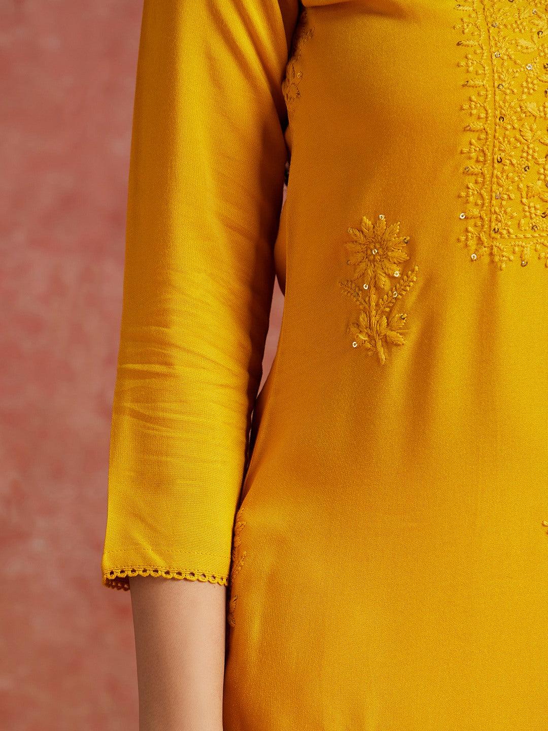 Yellow Embroidered Rayon Straight Kurta - Libas