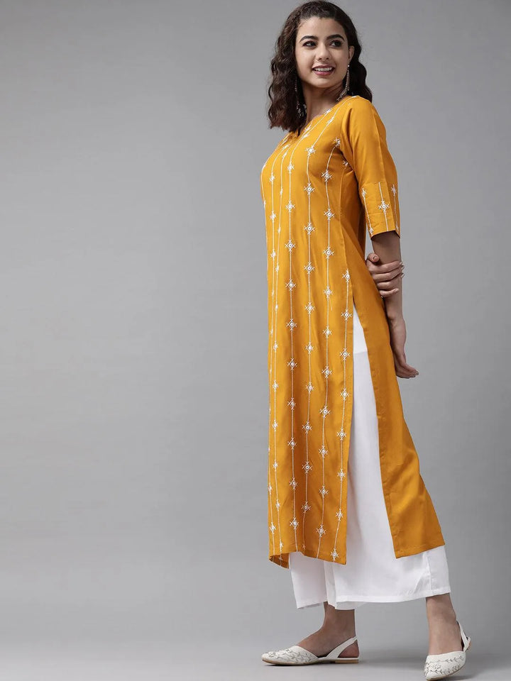 Yellow Embroidered Rayon Suit Set - Libas