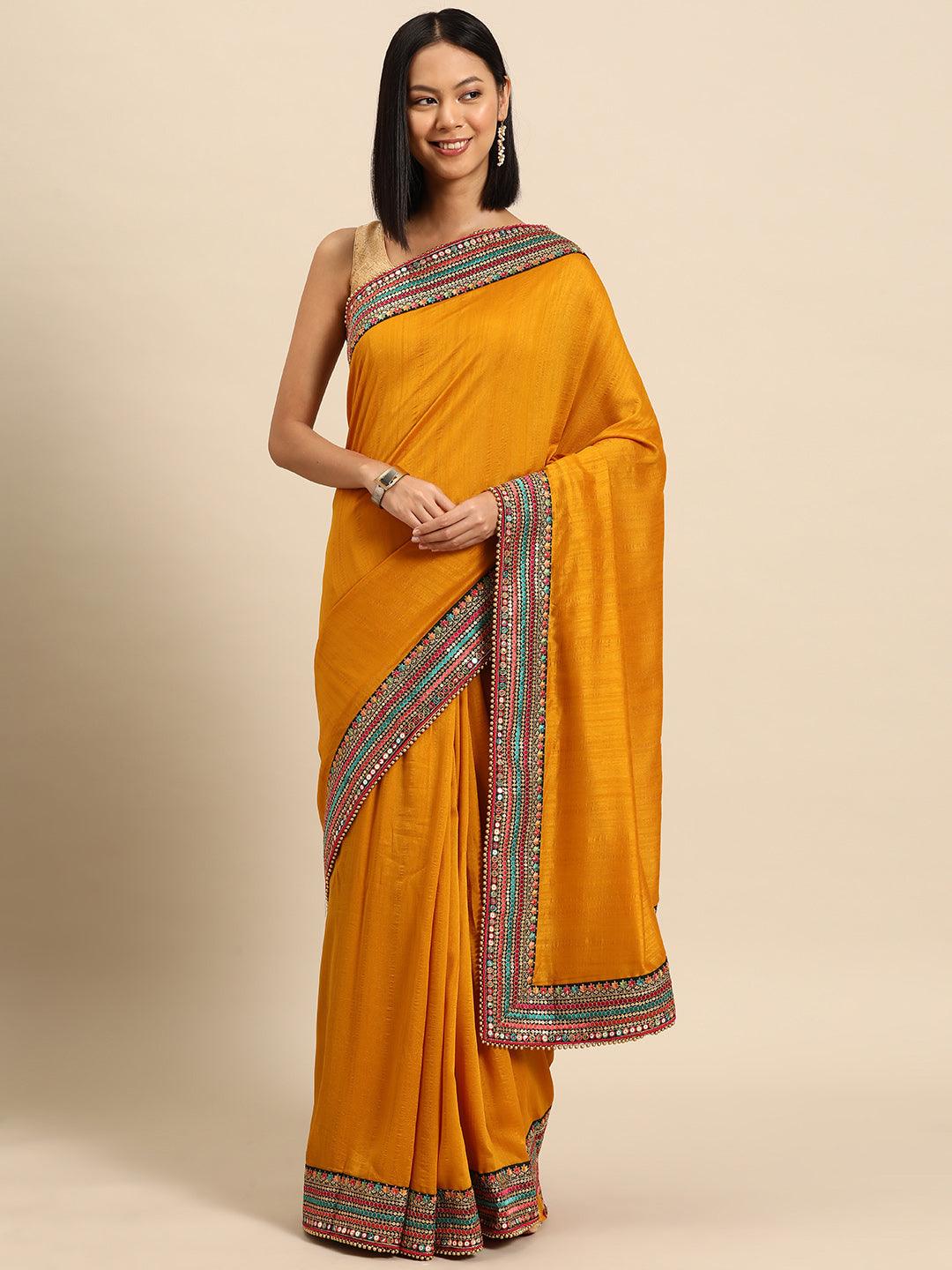 Yellow Embroidered Silk Blend Saree - Libas