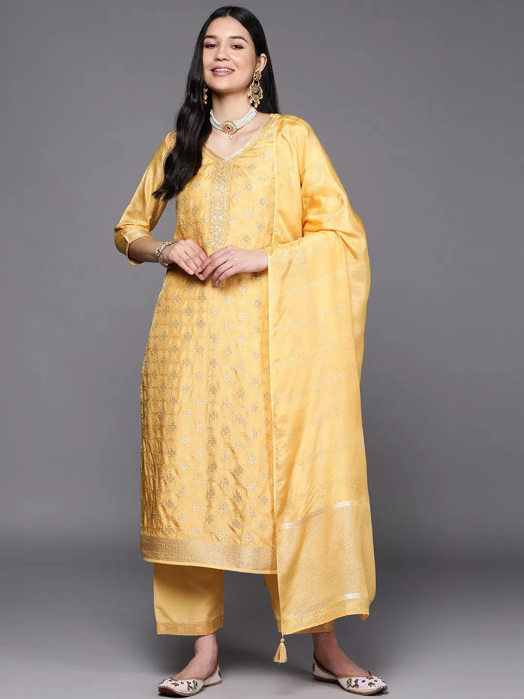 Yellow Embroidered Silk Blend Suit Set With Trousers - Libas