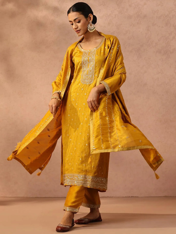 Yellow Embroidered Silk Blend Suit Set With Trousers - Libas