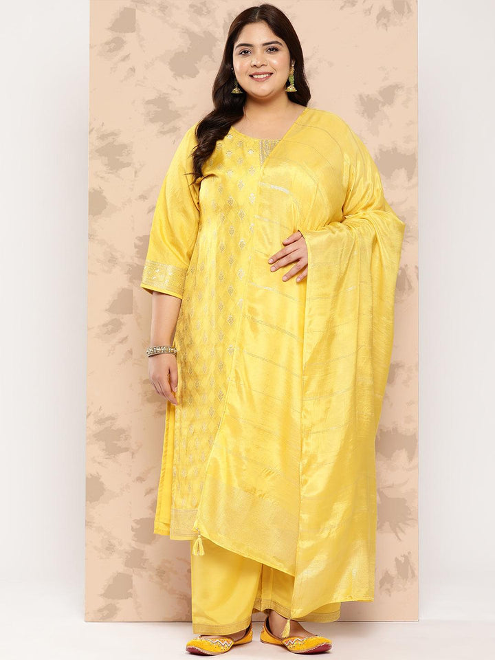 Yellow Embroidered Silk Blend Straight Kurta With Trousers and Dupatta - Libas