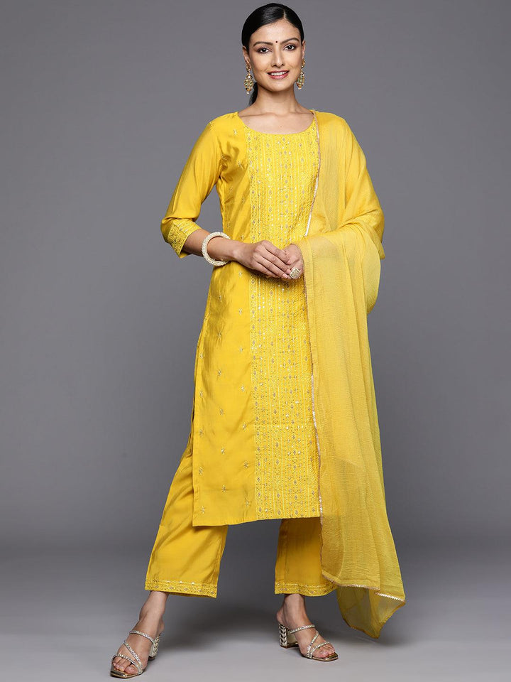 Yellow Embroidered Silk Blend Straight Kurta With Trousers & Dupatta - Libas