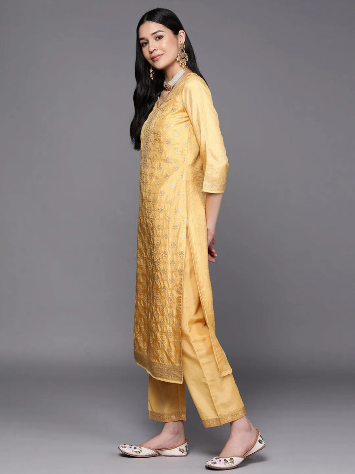 Yellow Embroidered Silk Blend Suit Set With Trousers - Libas