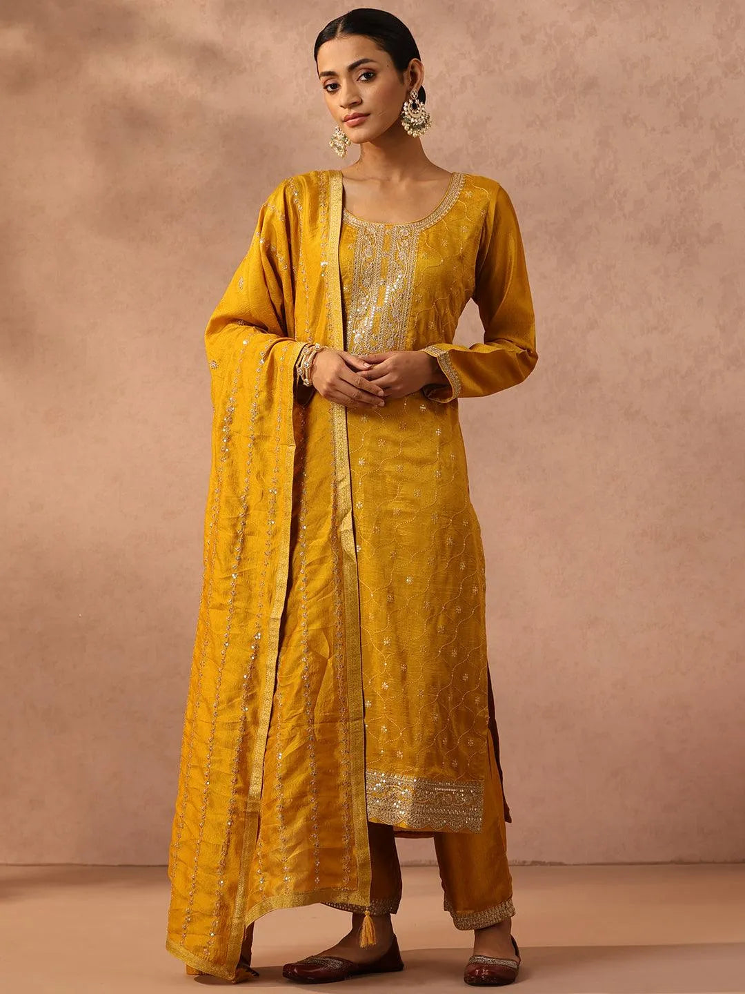 Yellow Embroidered Silk Blend Suit Set With Trousers - Libas 