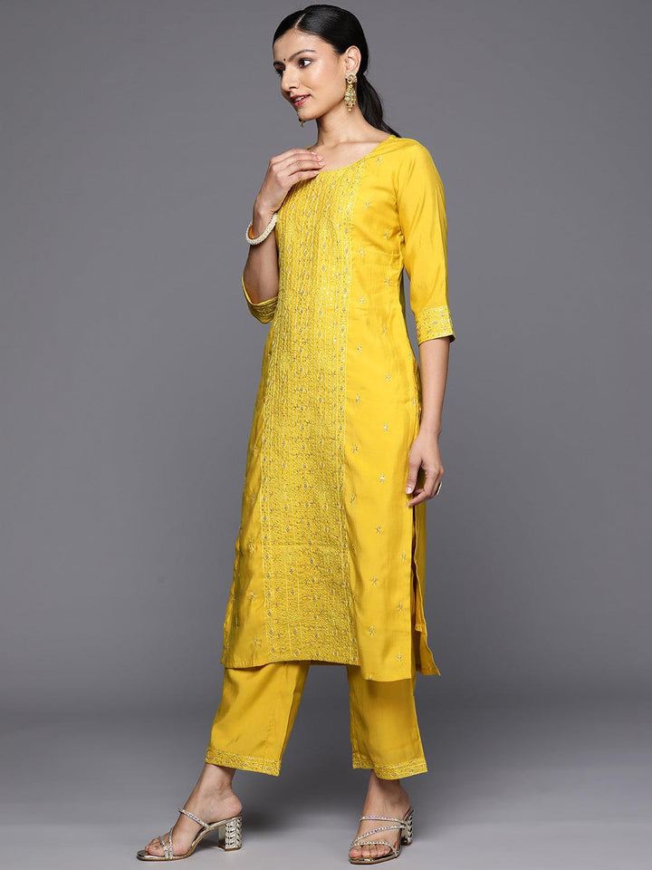 Yellow Embroidered Silk Blend Straight Kurta With Trousers & Dupatta - Libas