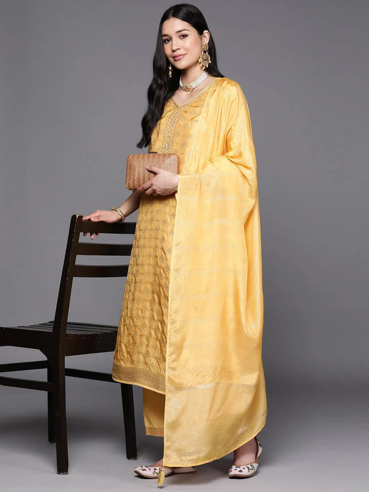 Yellow Embroidered Silk Blend Suit Set With Trousers - Libas