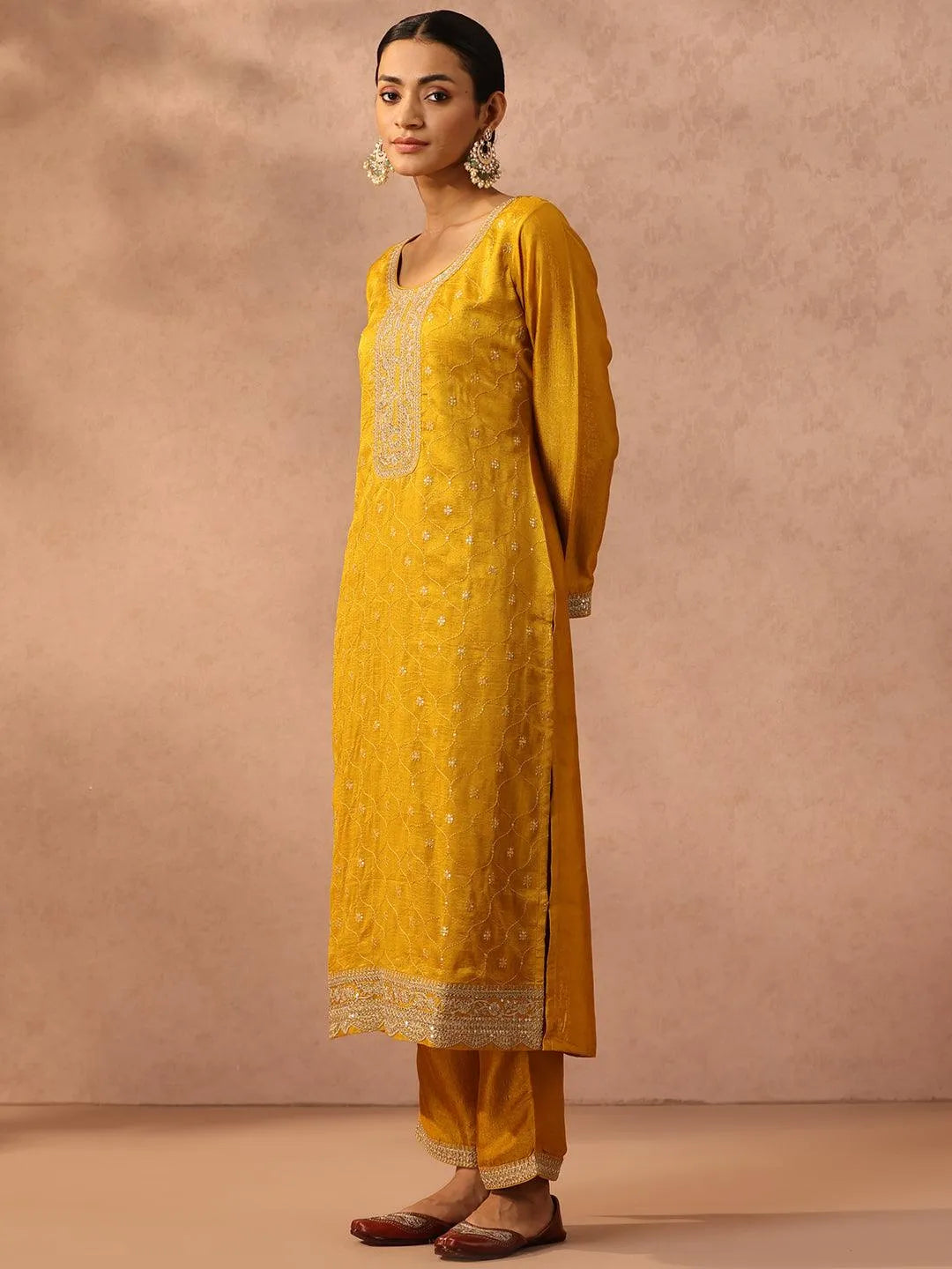 Yellow Embroidered Silk Blend Suit Set With Trousers - Libas 