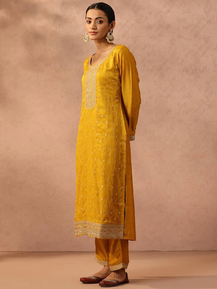 Yellow Embroidered Silk Blend Suit Set With Trousers - Libas