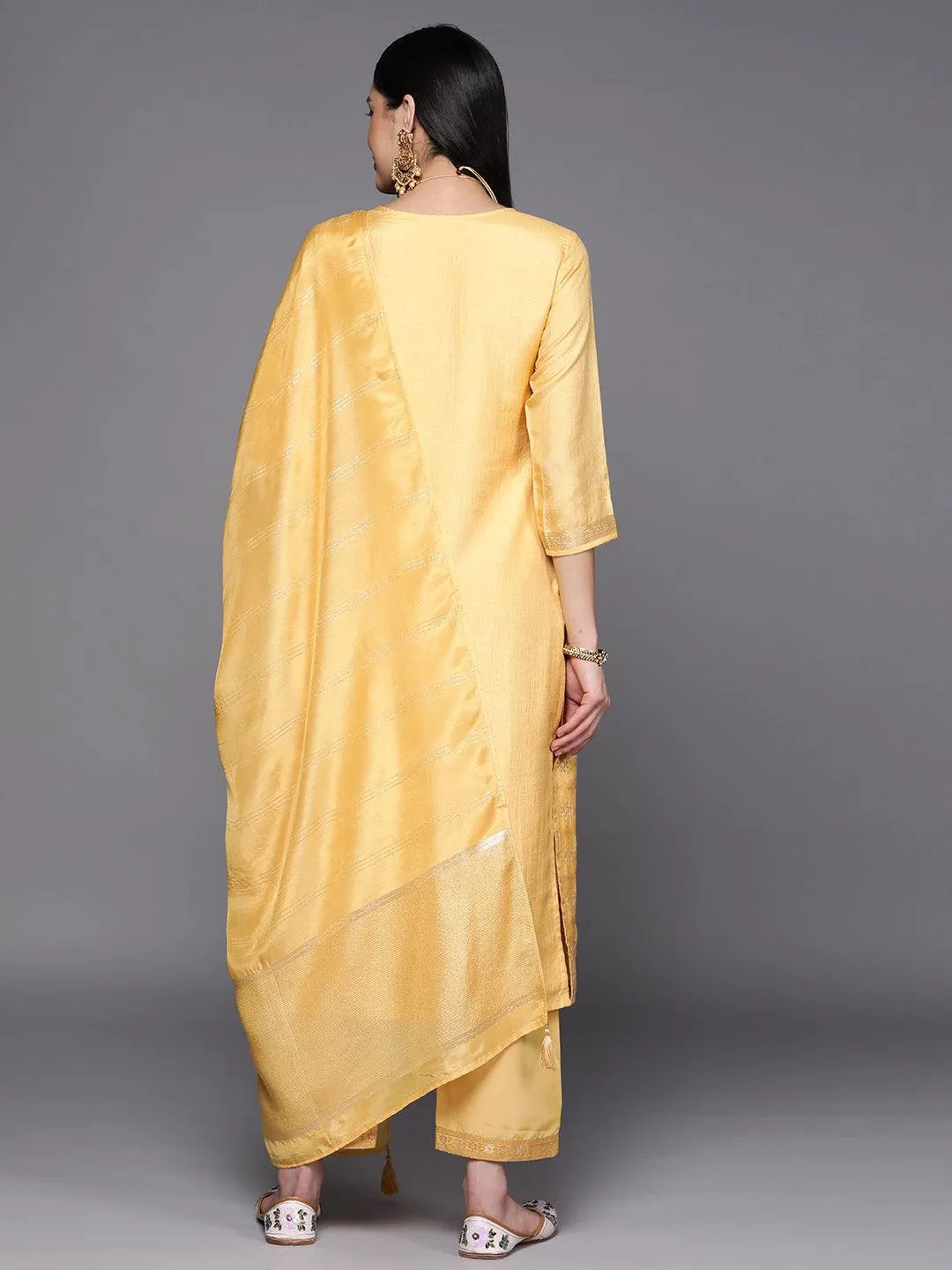 Yellow Embroidered Silk Blend Suit Set With Trousers - Libas