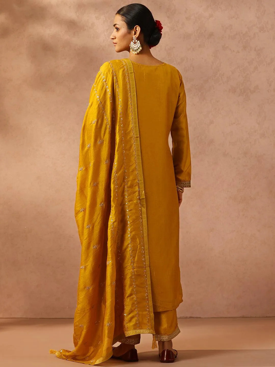 Yellow Embroidered Silk Blend Suit Set With Trousers - Libas 