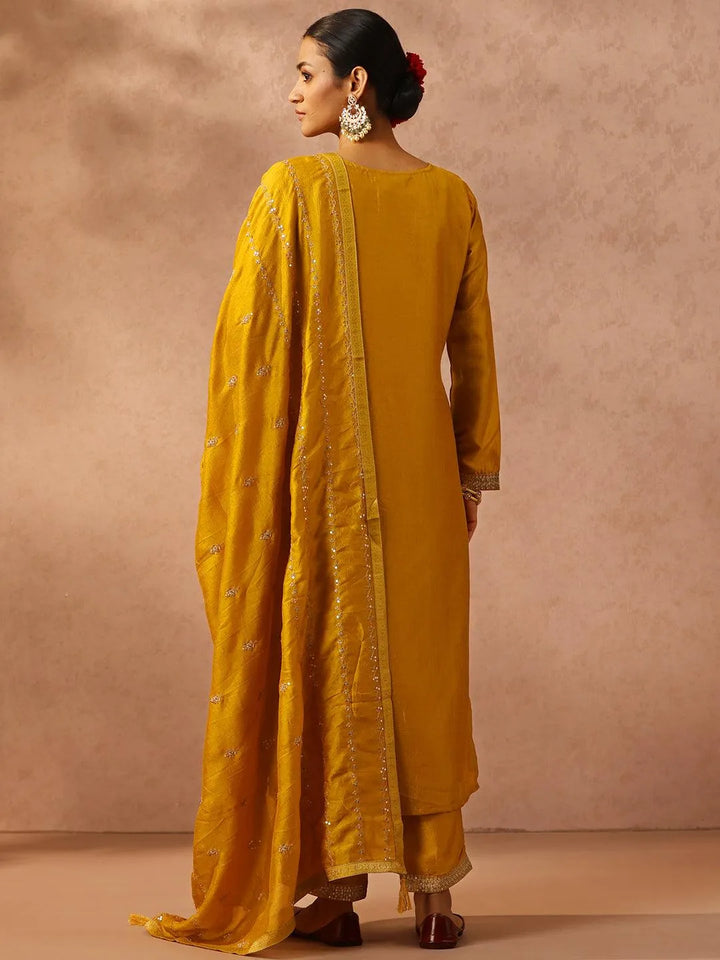 Yellow Embroidered Silk Blend Suit Set With Trousers - Libas