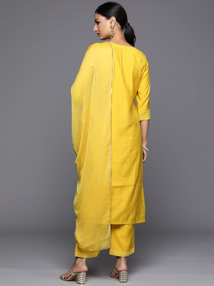 Yellow Embroidered Silk Blend Straight Kurta With Trousers & Dupatta - Libas