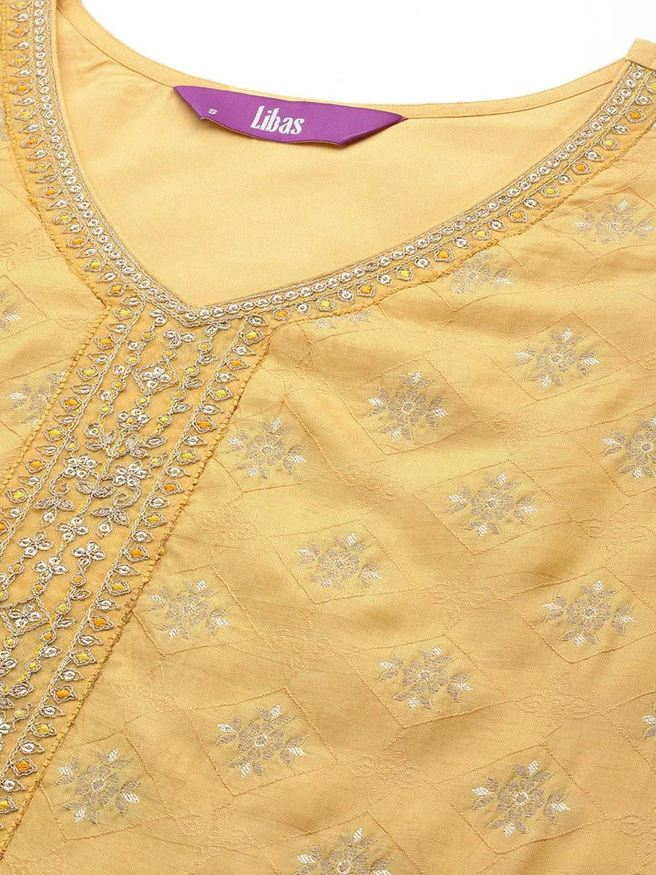 Yellow Embroidered Silk Blend Suit Set With Trousers - Libas