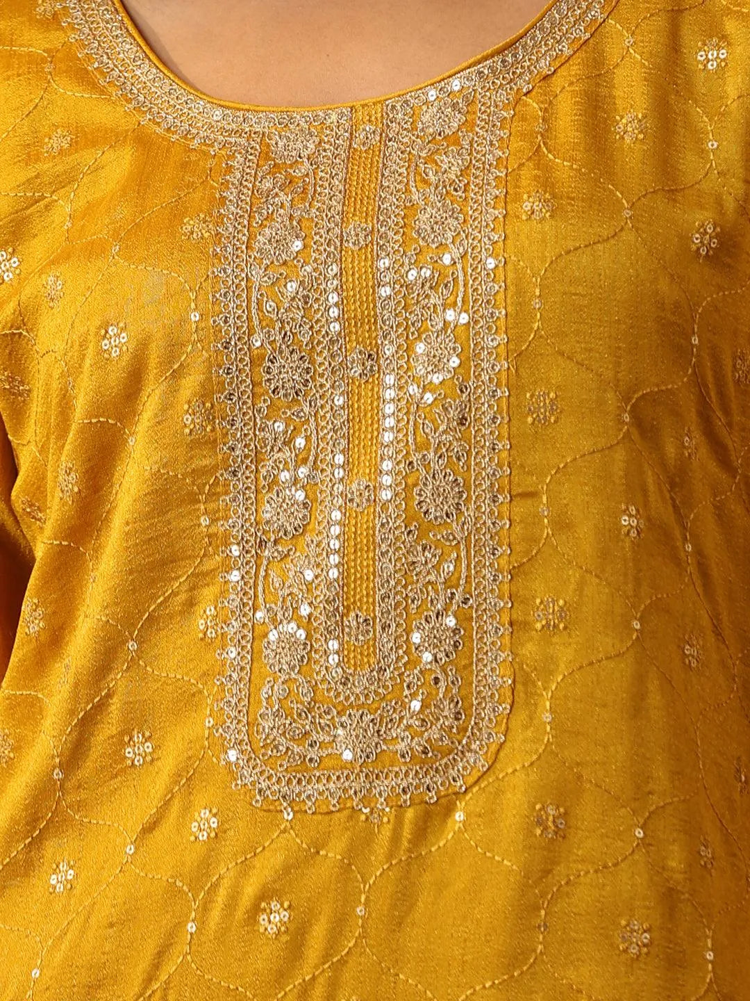 Yellow Embroidered Silk Blend Suit Set With Trousers - Libas 