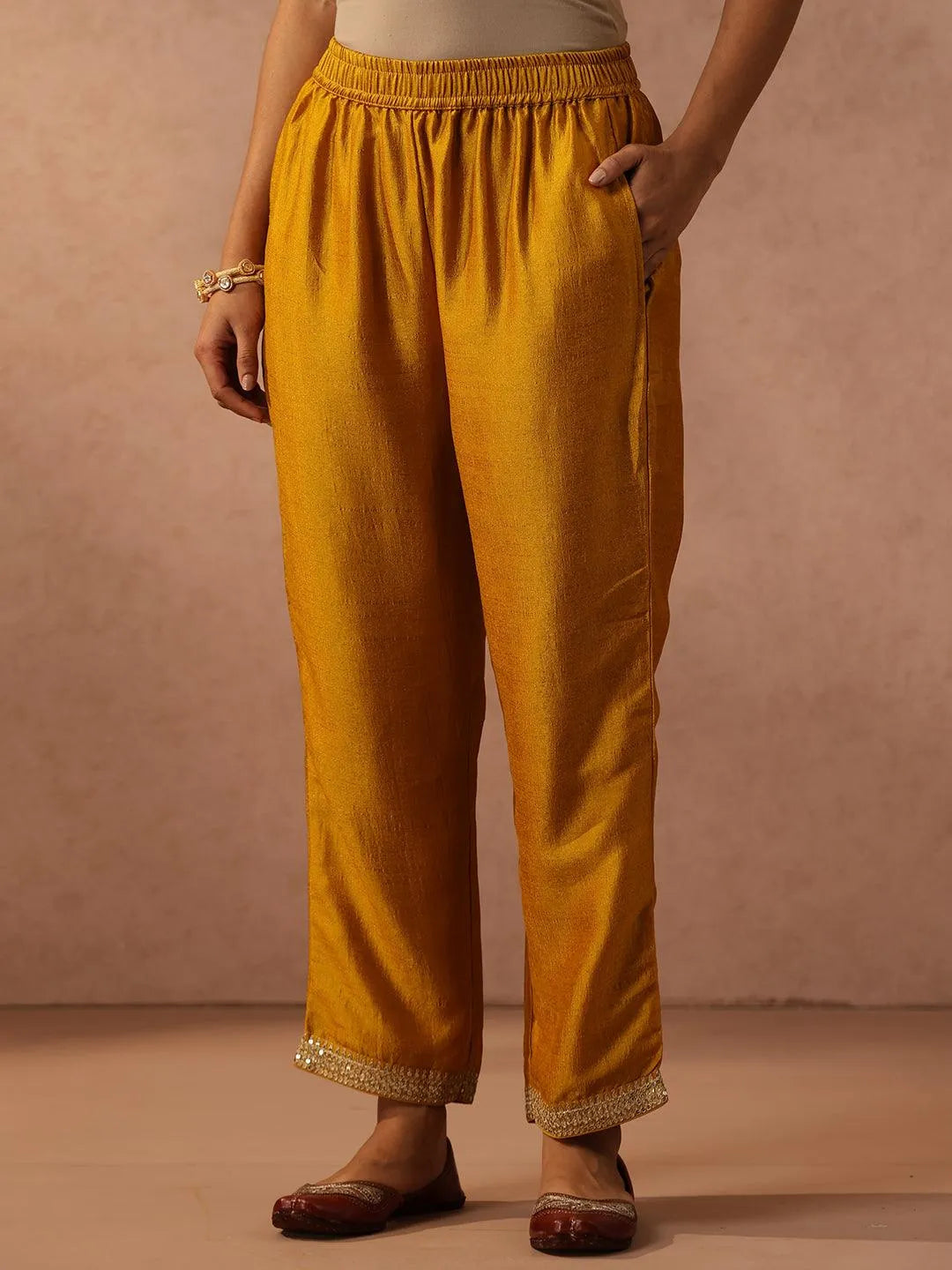 Yellow Embroidered Silk Blend Suit Set With Trousers - Libas 