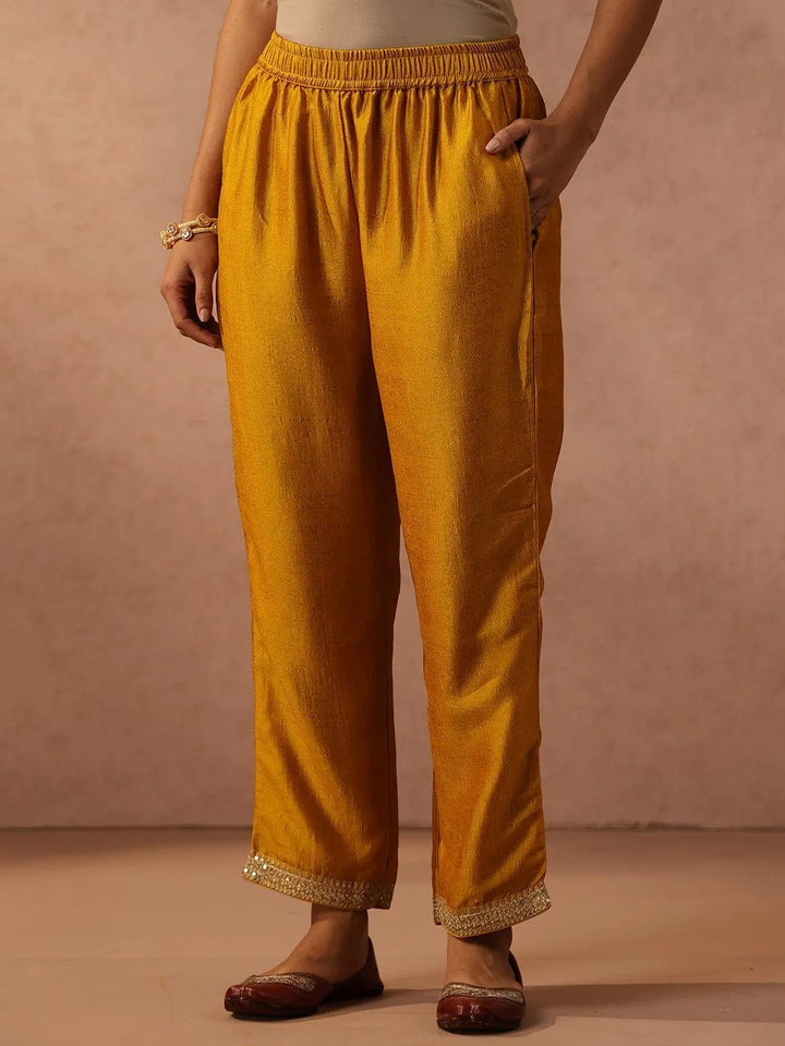 Yellow Embroidered Silk Blend Suit Set With Trousers - Libas