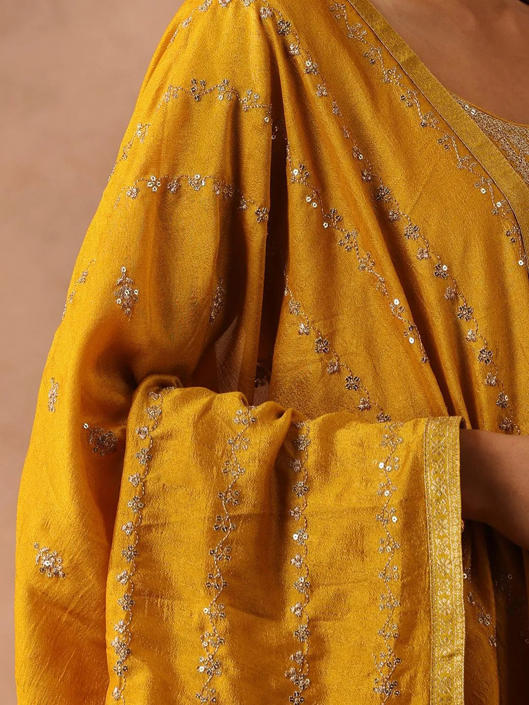 Yellow Embroidered Silk Blend Suit Set With Trousers - Libas 