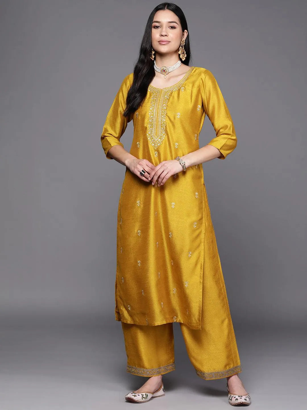 Yellow Embroidered Silk Straight Kurta - Libas