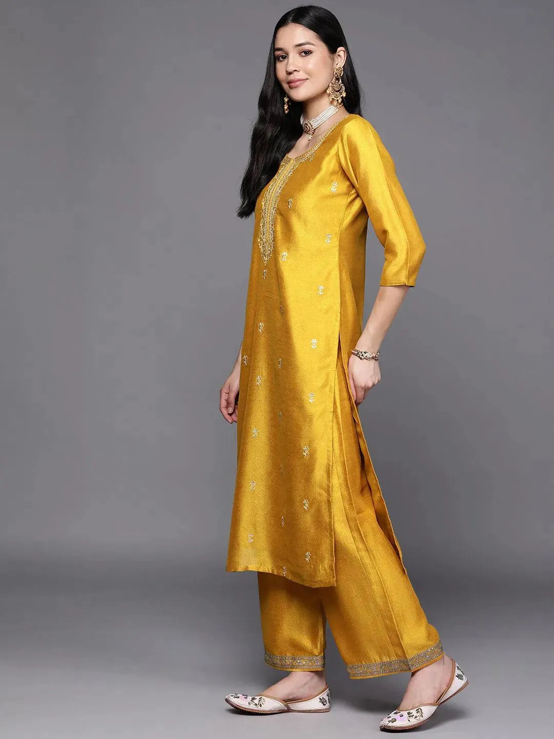 Yellow Embroidered Silk Straight Kurta - Libas