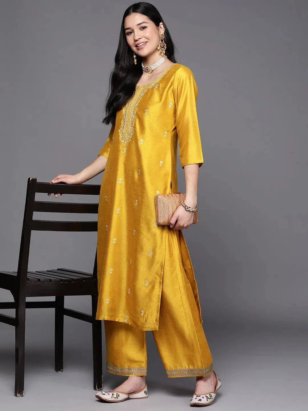 Yellow Embroidered Silk Straight Kurta - Libas