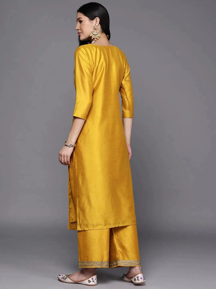 Yellow Embroidered Silk Straight Kurta - Libas