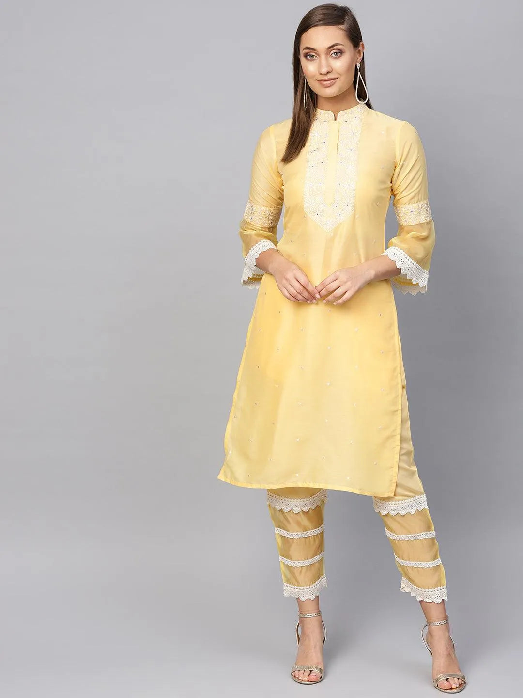 Yellow Embroidered Silk Kurta Set - Libas